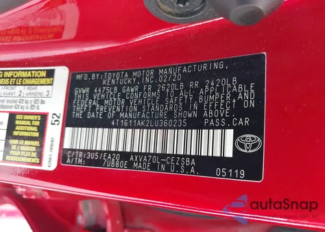 2020 Toyota Camry Se z USA, uszkodzony, nr VIN 4T1G11AK2LU360235